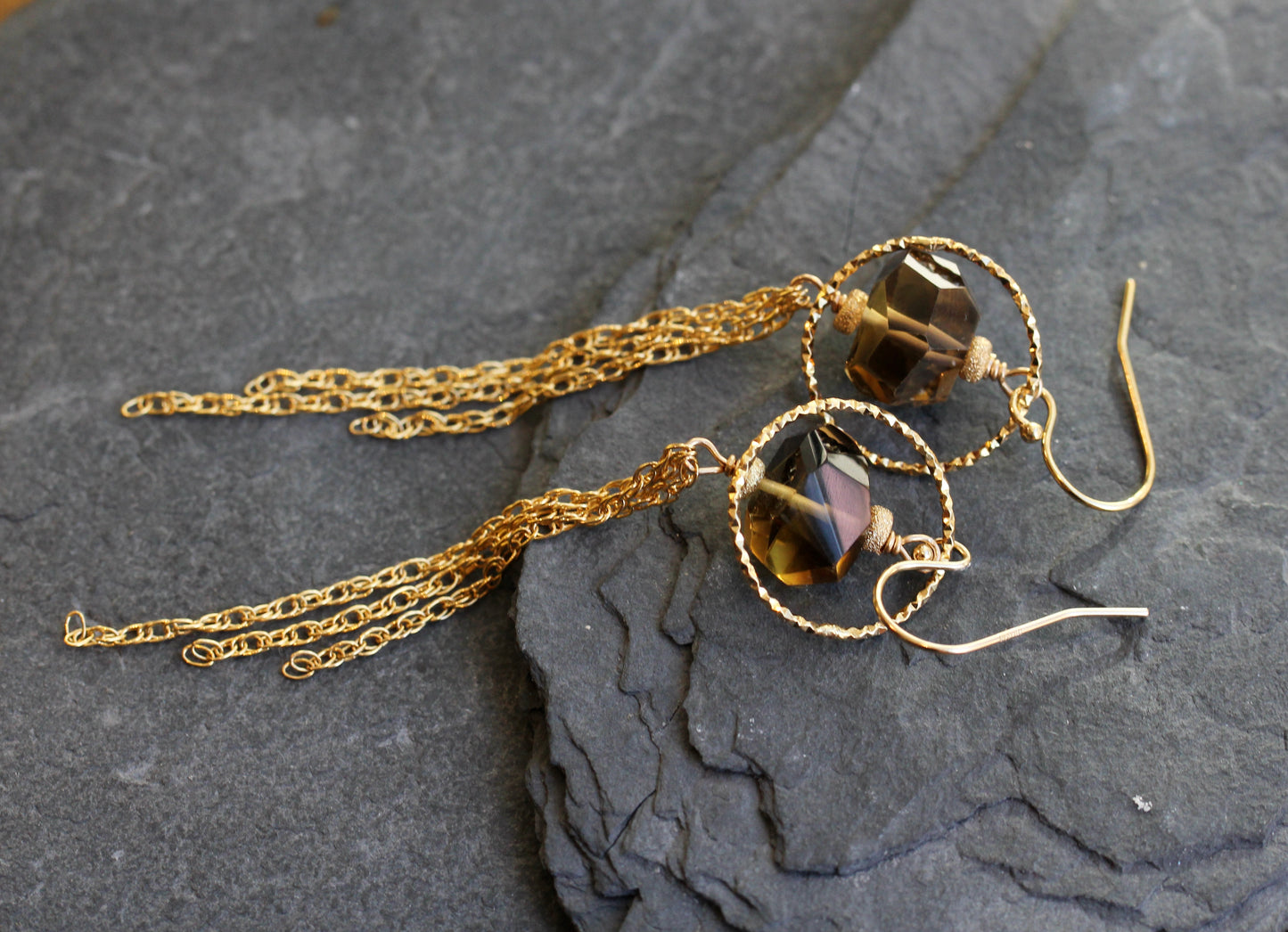 Whisky Quartz Nugget Gold Chain Tassel Earrings