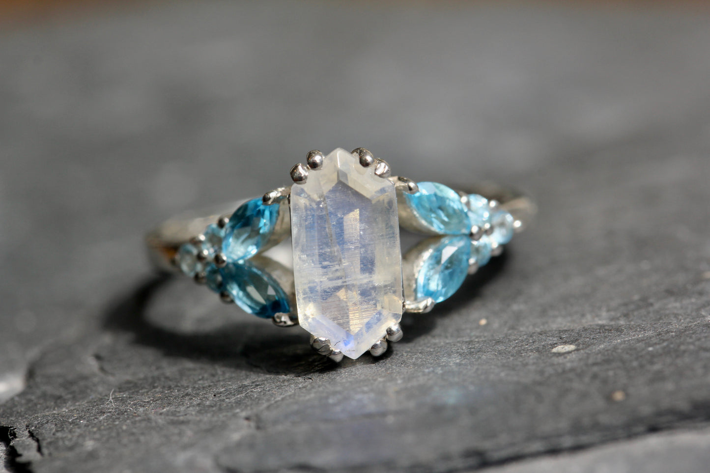 Rainbow Moonstone Blue Topaz Fairy Tale Ring