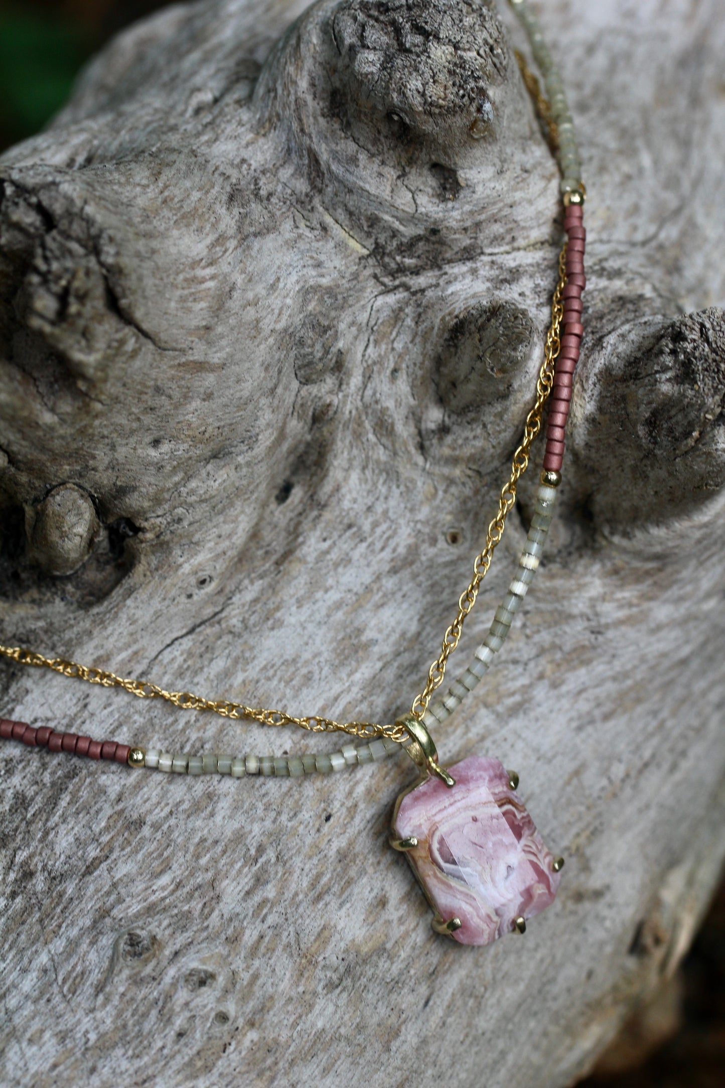 Rhodochrosite Delica Glass Bead Multi Strand Necklace