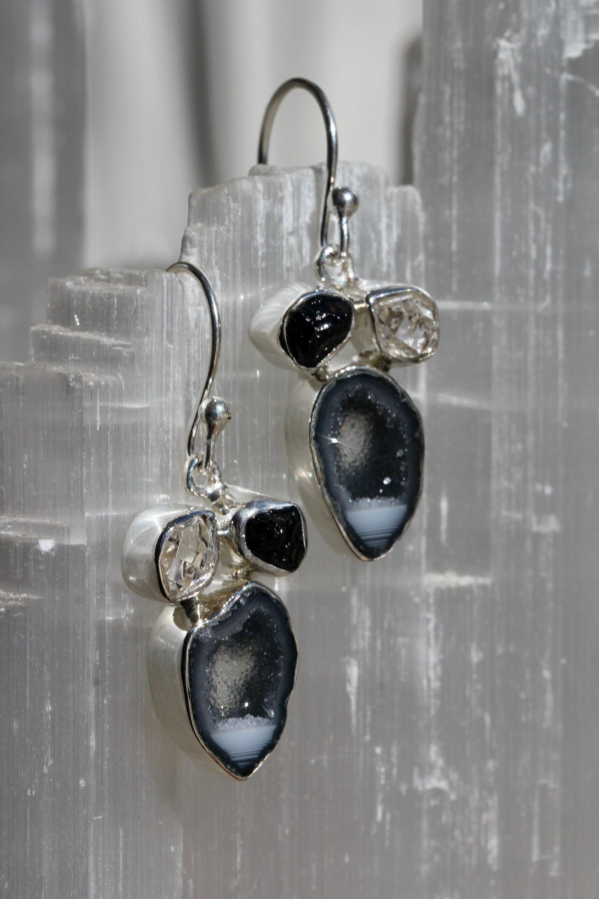 Geode Tourmaline Herkimer Earrings