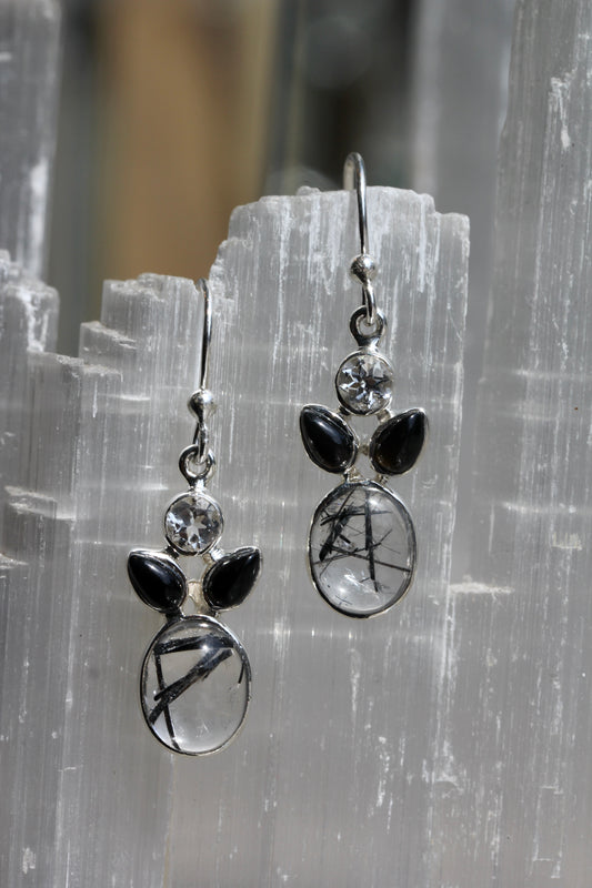 Tourmalinated quartz Onyx White Topaz Earrings