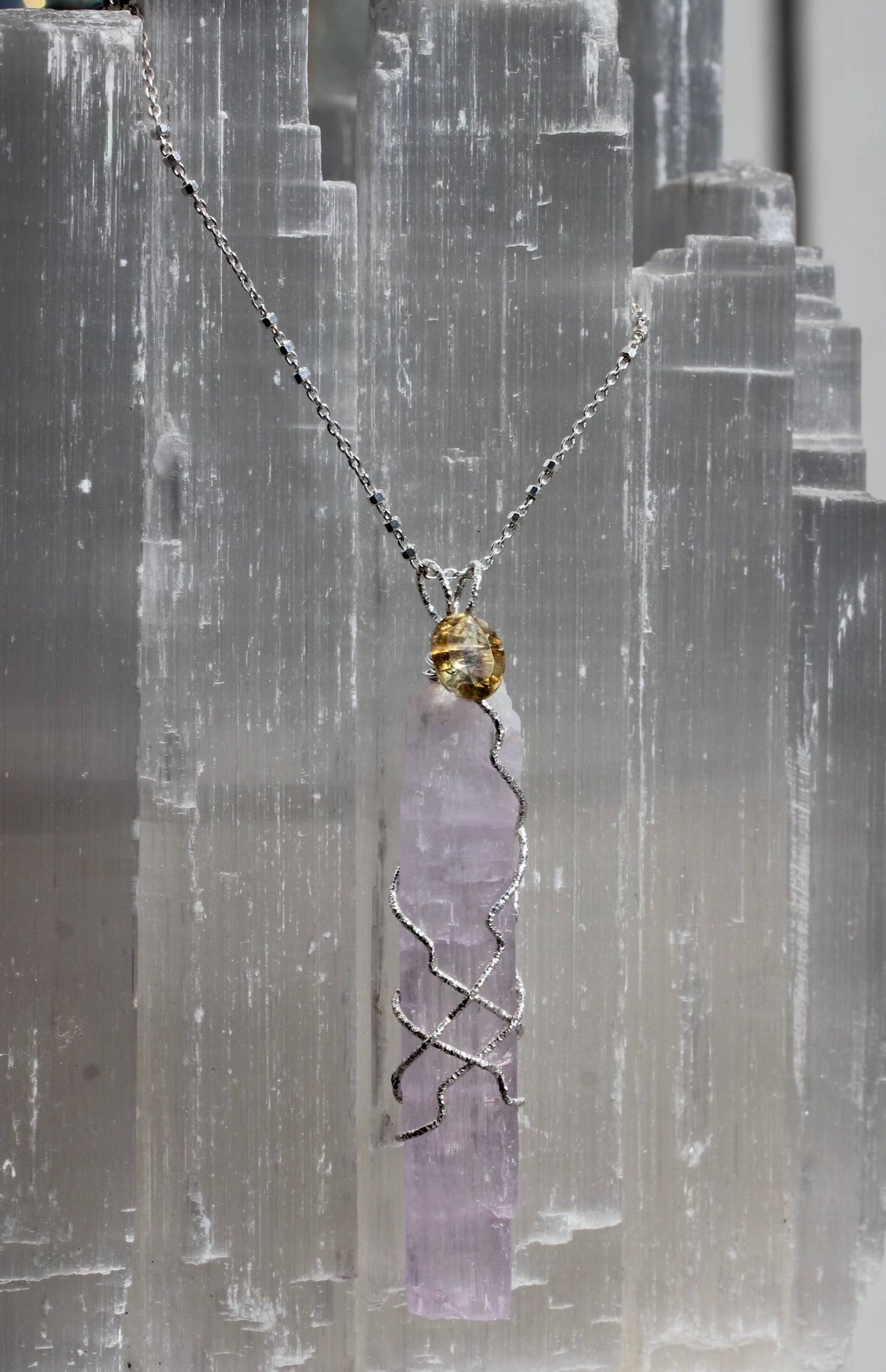 Long Kunzite Crystal Citrine Pendant