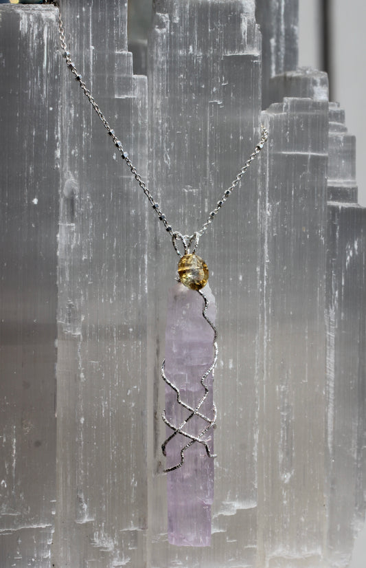 Long Kunzite Crystal Citrine Pendant