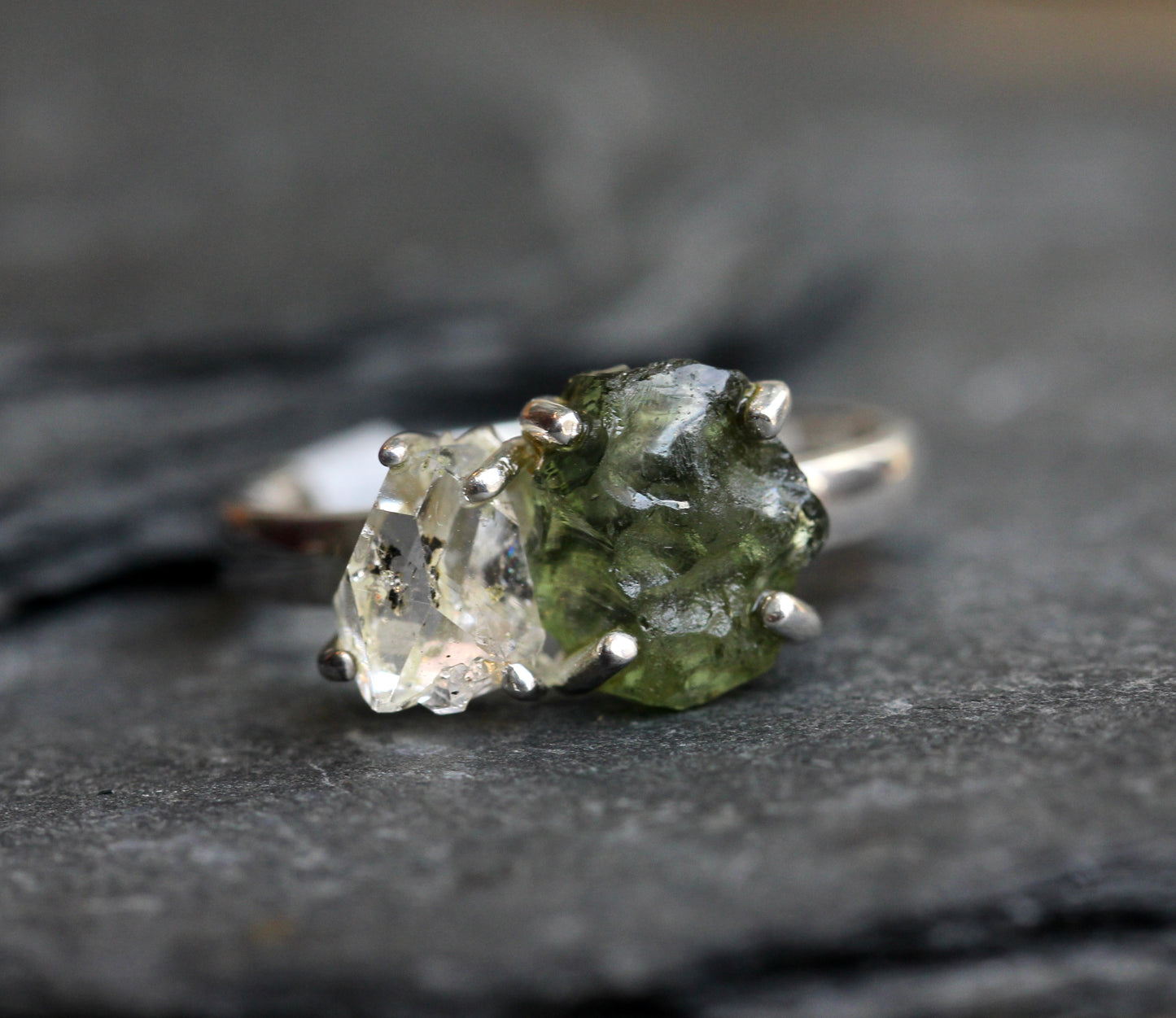 Moldavite Pakimer Diamond Ring
