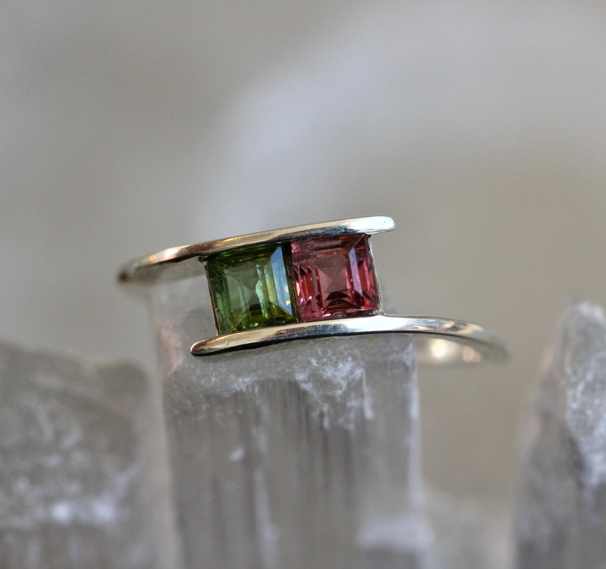Pink and Green Tourmaline Princess Cut Ring