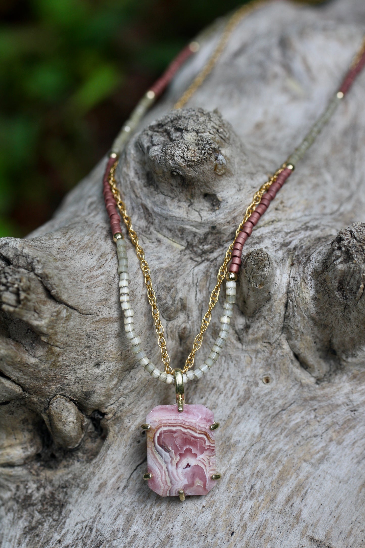 Rhodochrosite Delica Glass Bead Multi Strand Necklace