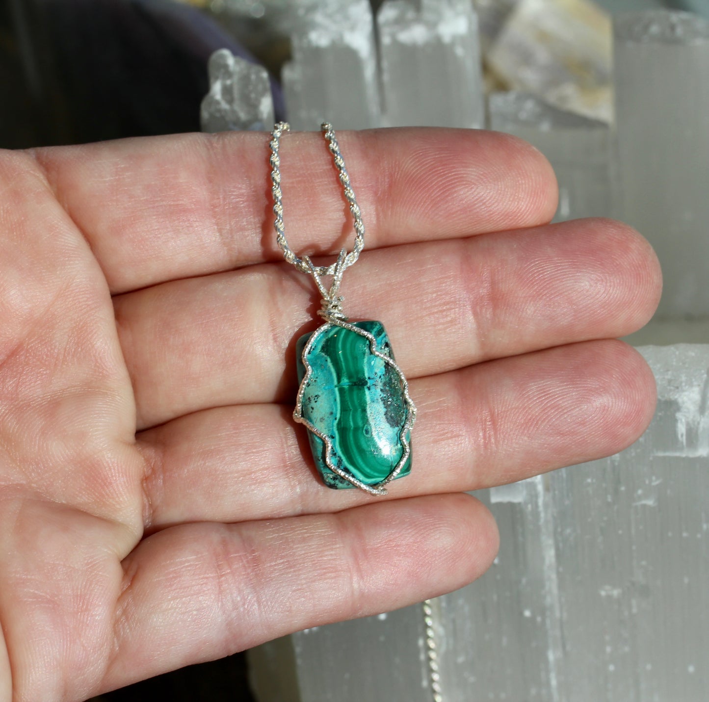 Chrysocolla Malachite Silver Wrap Pendant