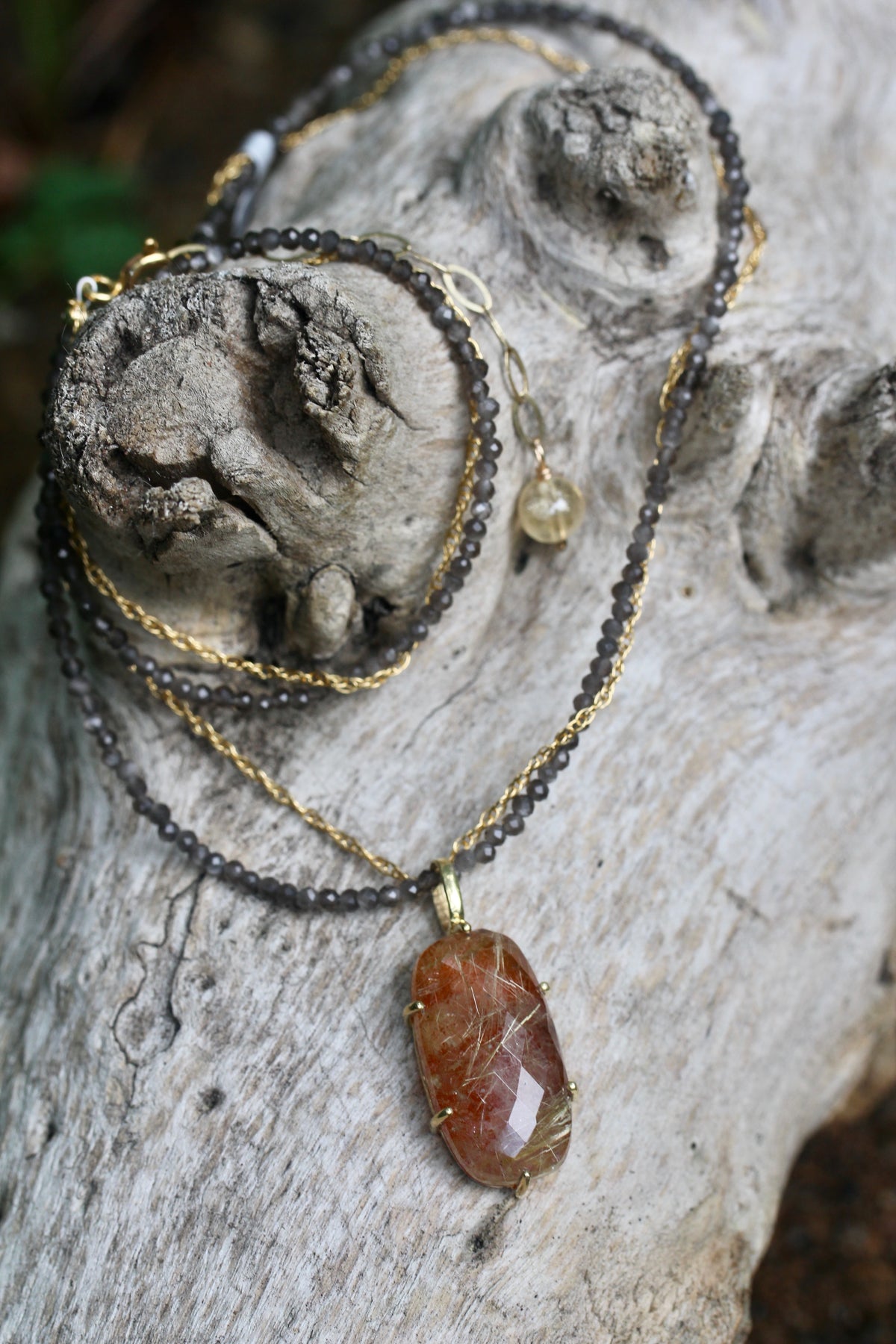 Rutilated Quartz Moonstone Beaded Chain Necklace