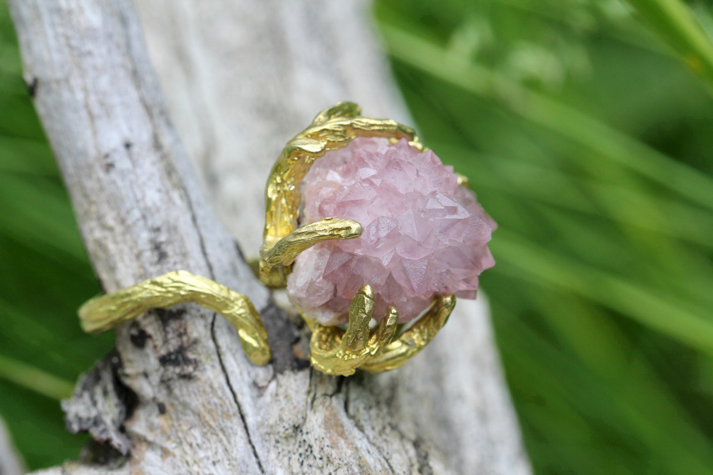Pink Amethyst Crystal Cluster Branch Ring