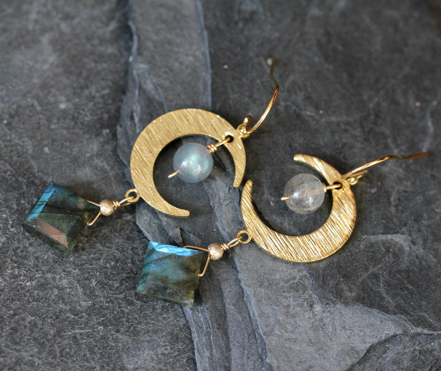 Labradorite Brass Moon Earrings