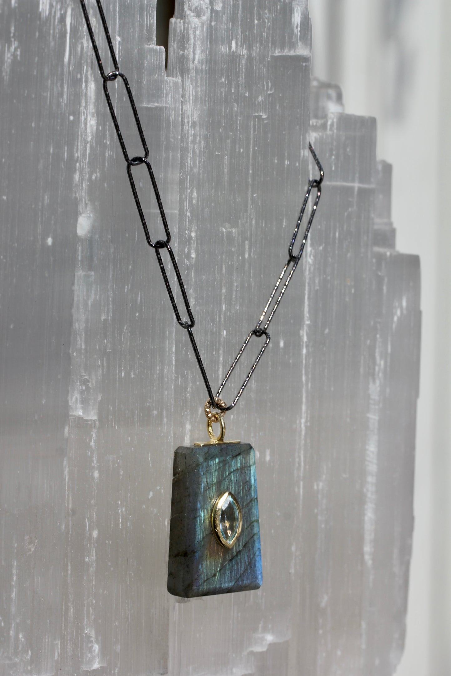 Labradorite Blue Topaz Encrusted Paperclip Chain Necklace