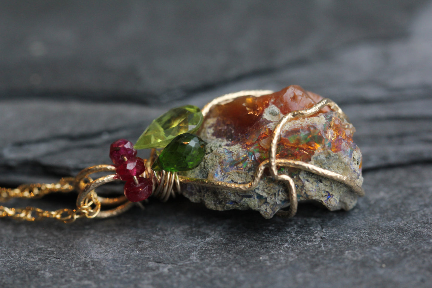 Rough Opal with Diopside, Peridot and Ruby Pendant