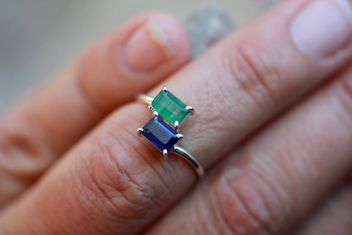Sapphire Emerald Silver Ring