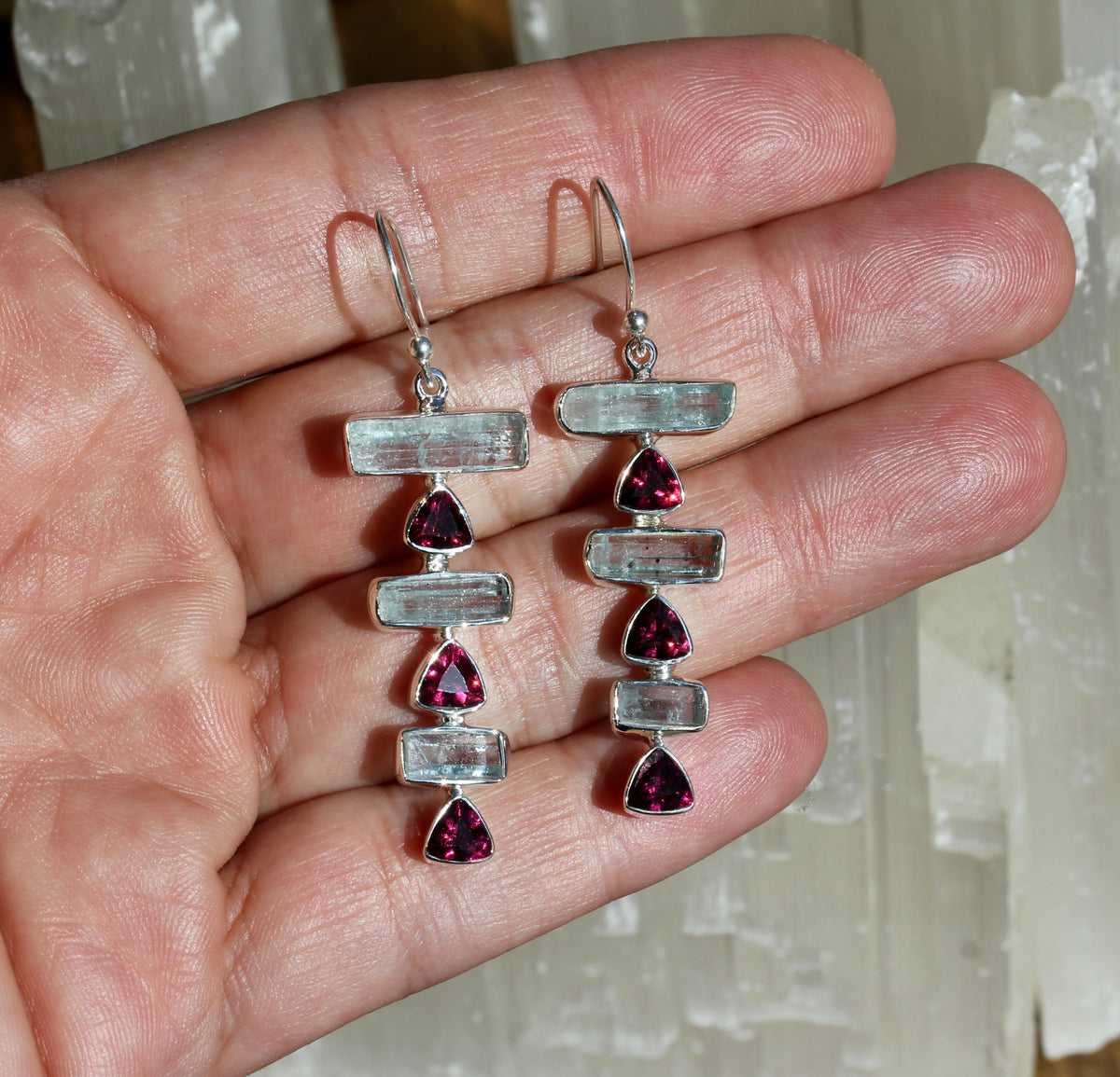 Aquamarine Crystal Garnet Stacked Earrings