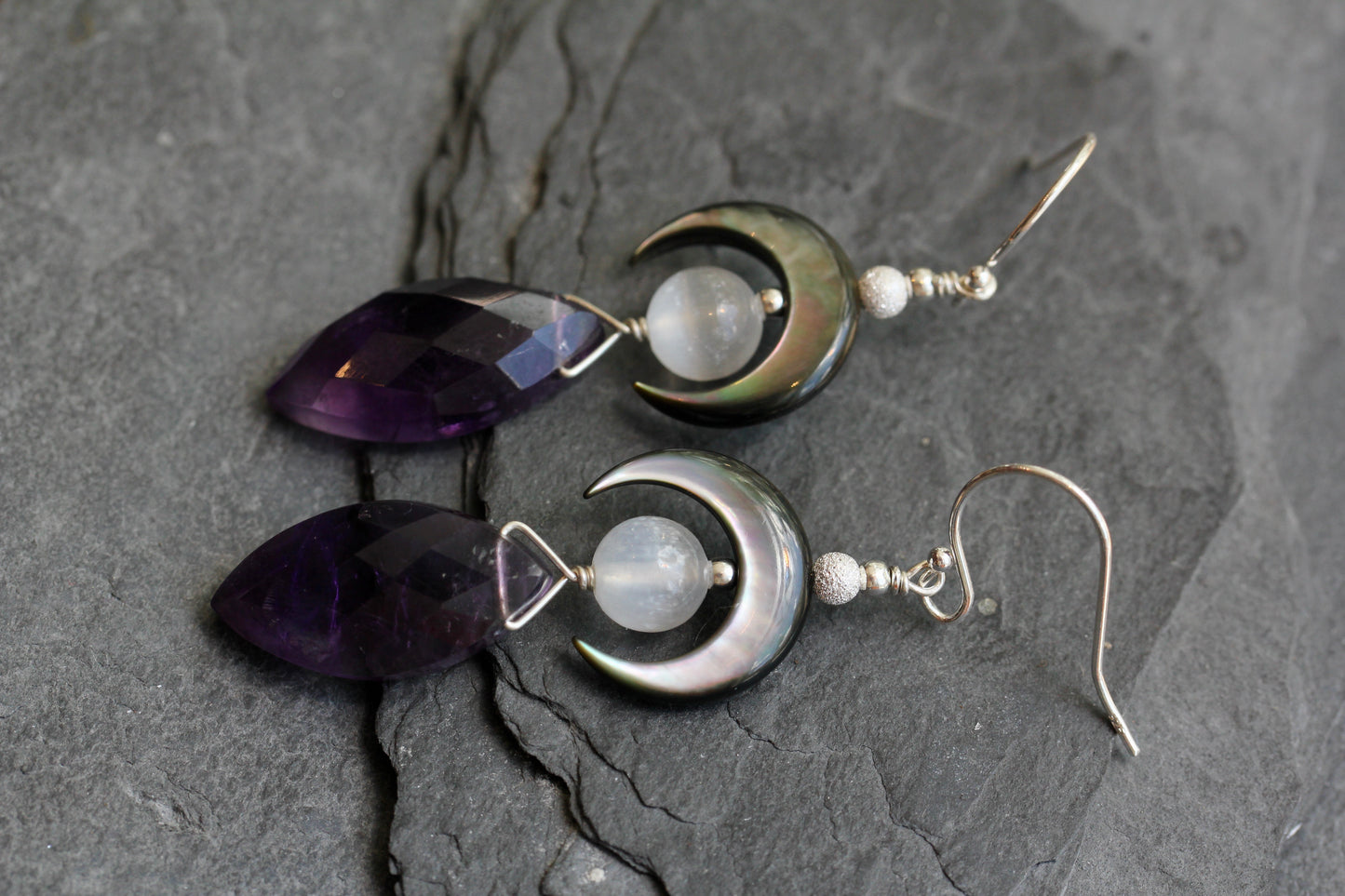 Amethyst Black Mother of Pearl Selenite Crescent Moon Earrings
