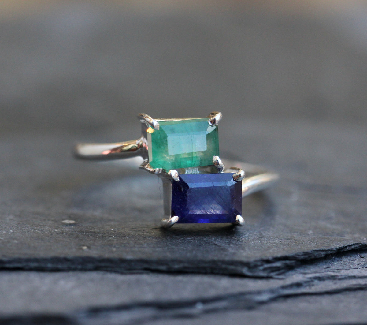 Sapphire Emerald Silver Ring