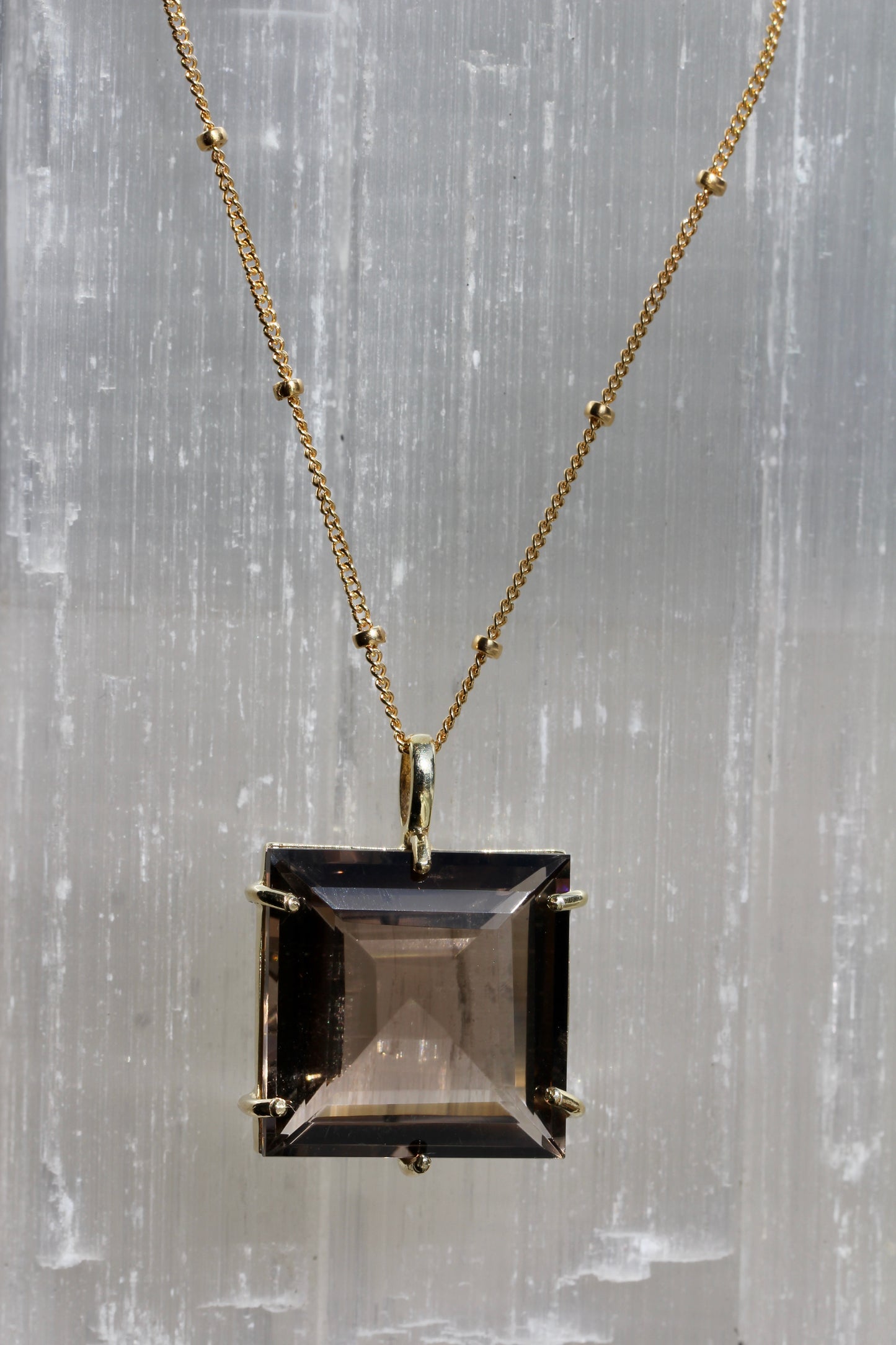 Smokey Quartz Princess Cut Gold Necklace