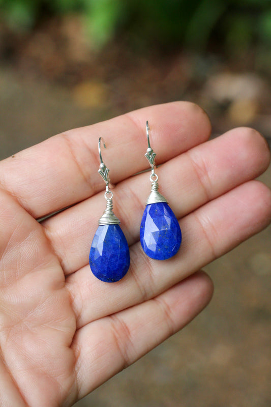 Lapis Teardrop Silver Wrap Earrings