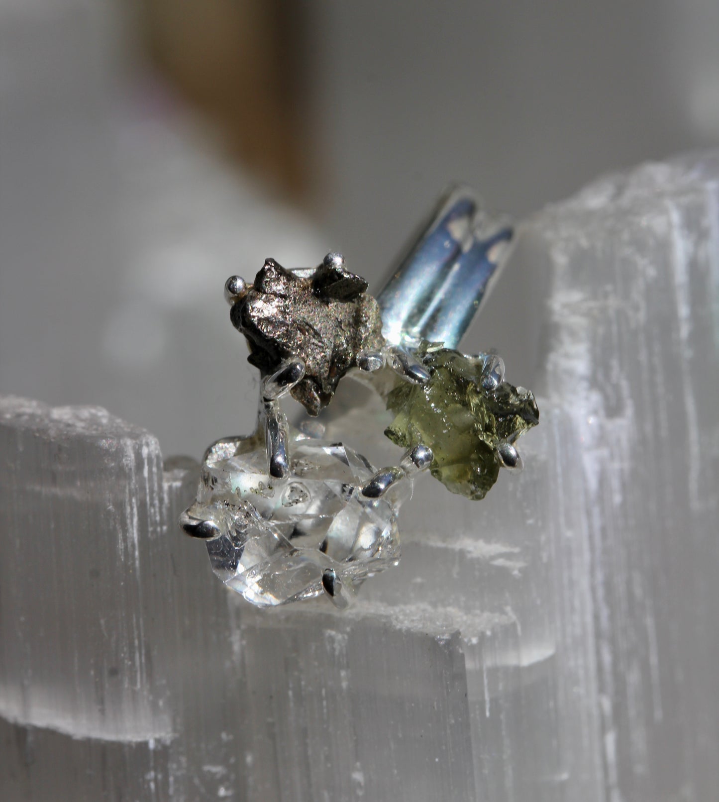 Moldavite Pakimer Diamond Meteorite Ring