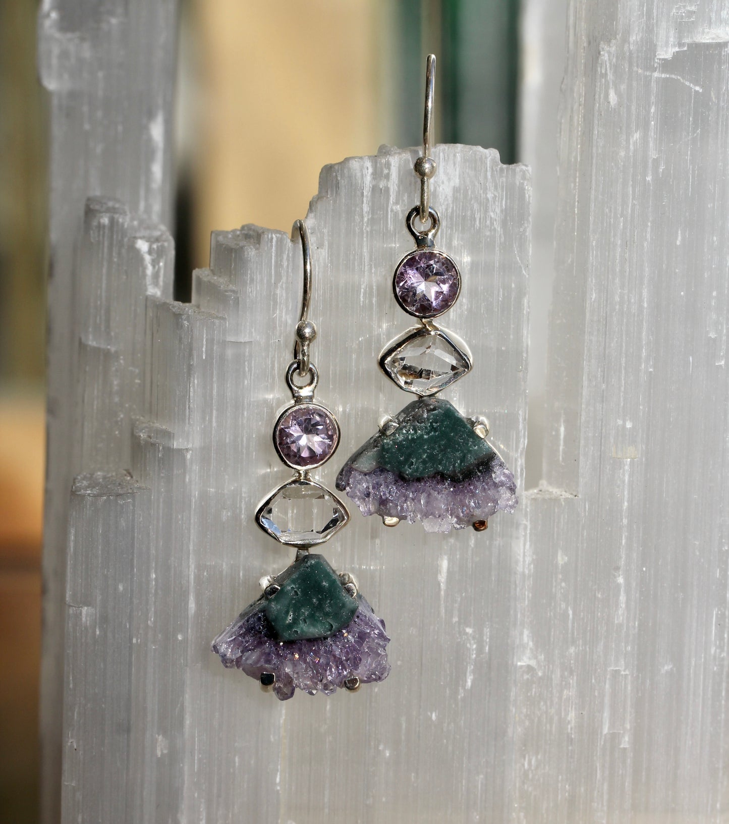 Amethyst Slice Herkimer Diamond Earrings