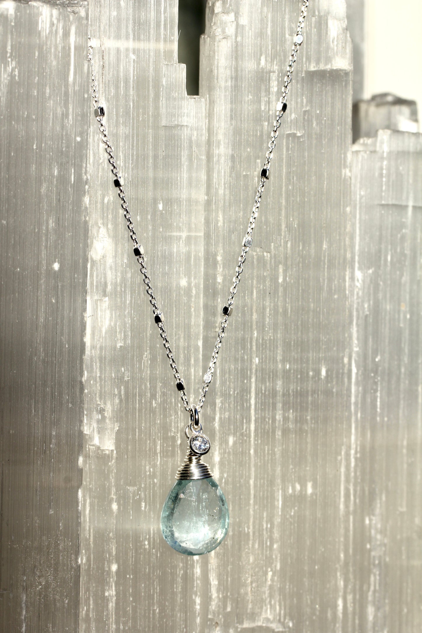 Aquamarine CZ Silver Teardrop Necklace