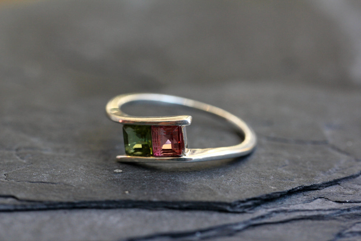 Pink and Green Tourmaline Princess Cut Ring