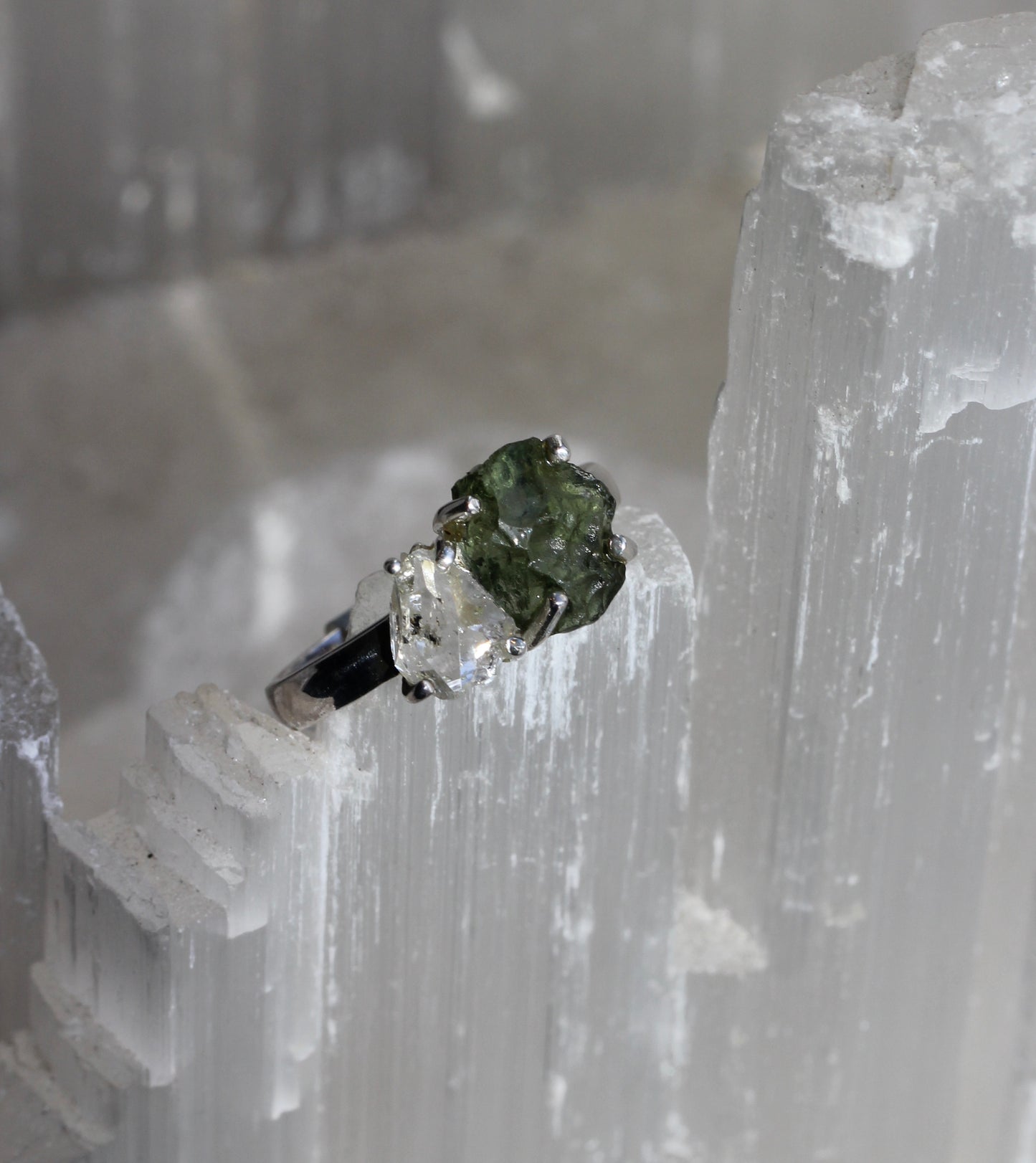 Moldavite Pakimer Diamond Ring