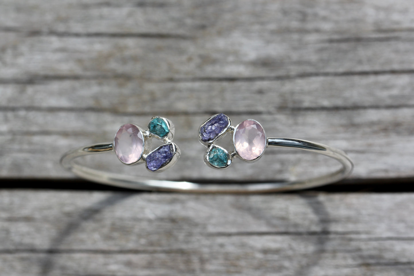 Rose Quartz Tanzanite Apatite Silver Flex Bracelet