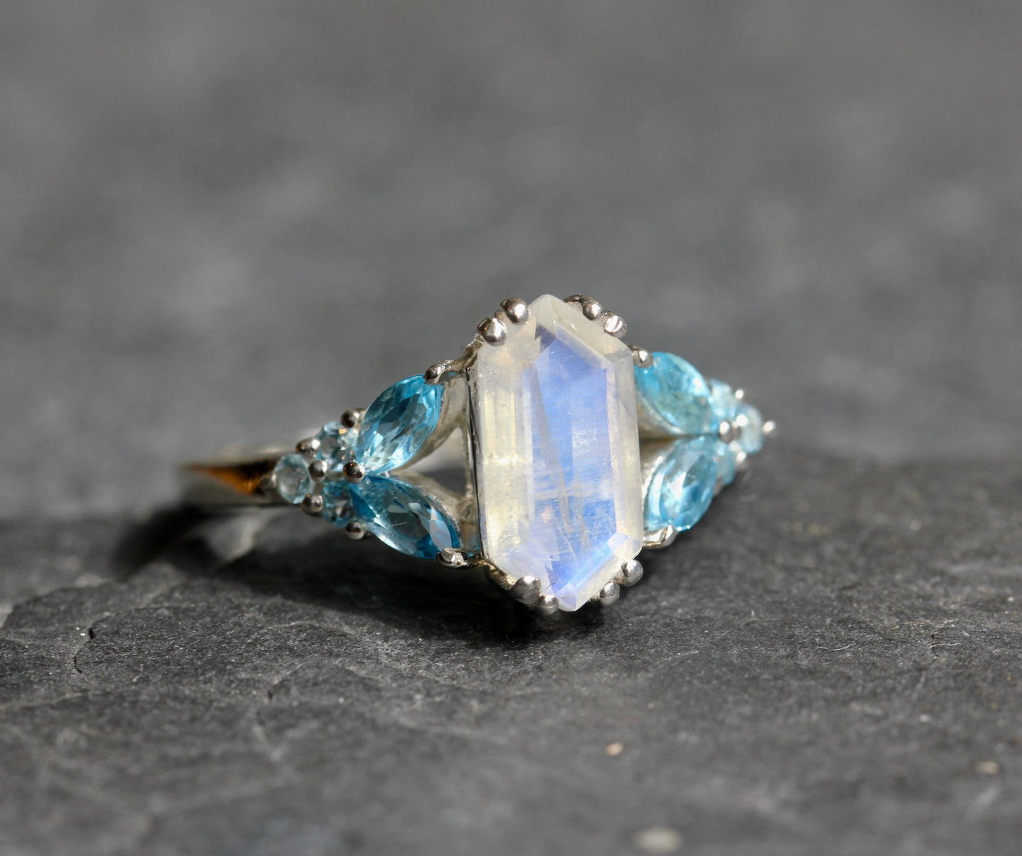 Rainbow Moonstone Blue Topaz Fairy Tale Ring