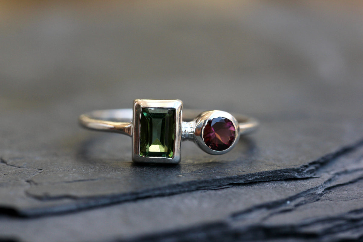 Pink and Green Tourmaline Silver Ring