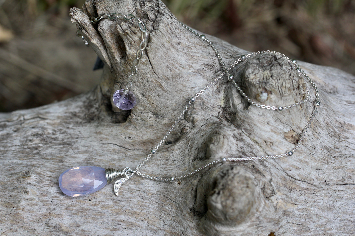 Lavender Quartz Crescent Moon Teardrop Necklace