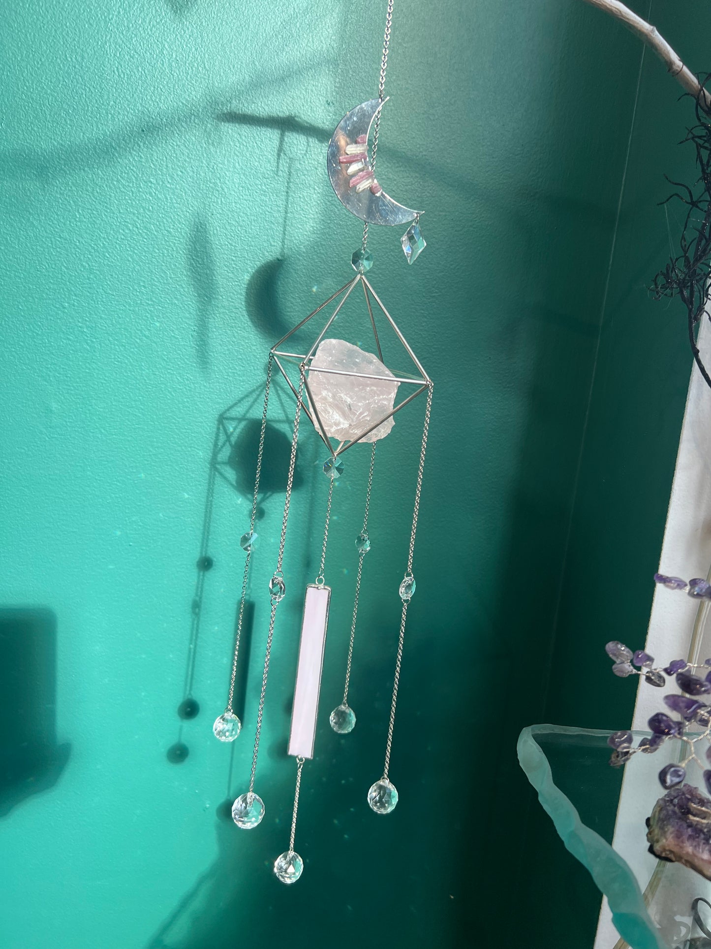 Rose Quartz Preciosa Crystal Moon Sun Catcher Chandelier