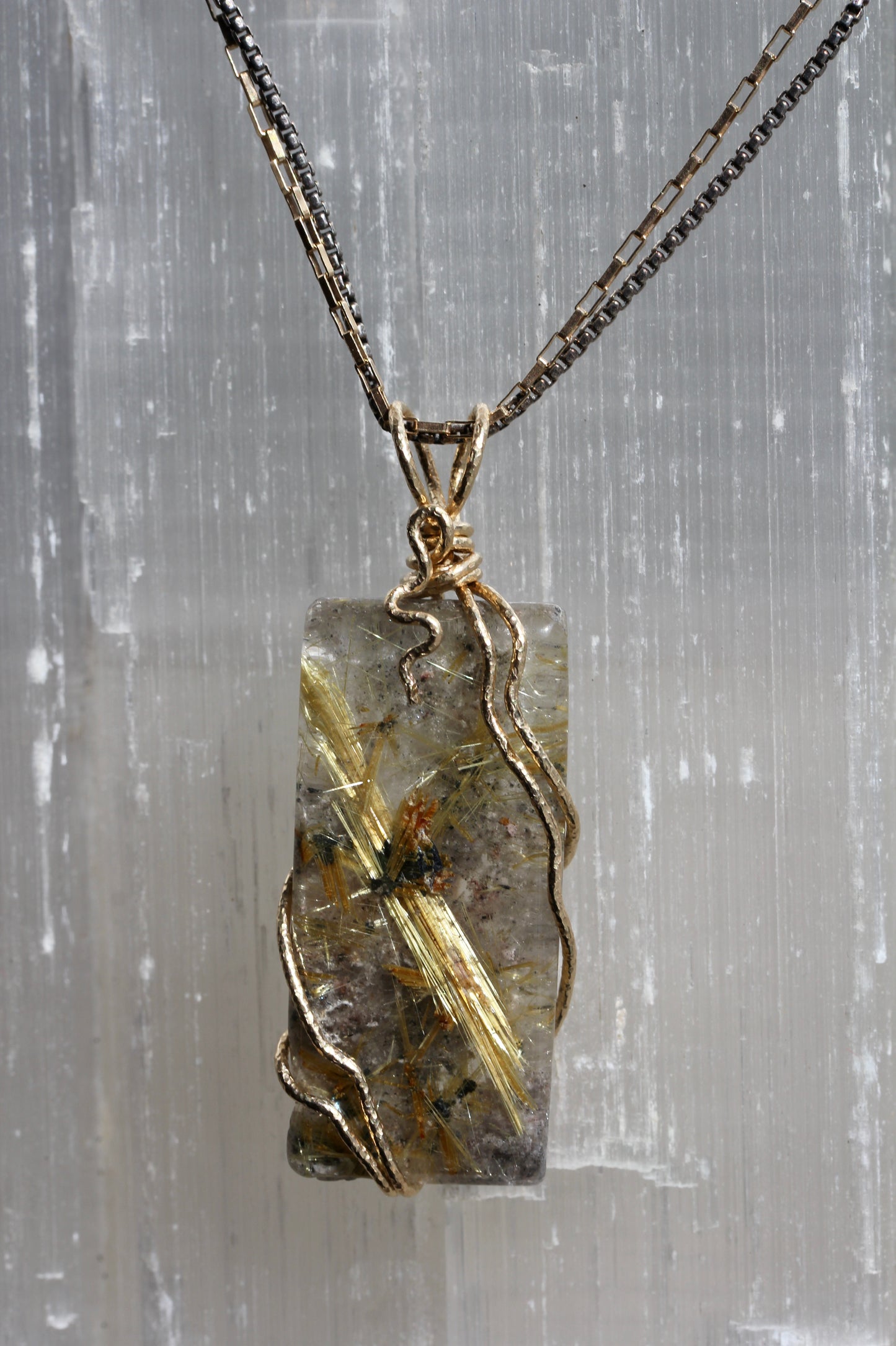 Rutilated Quartz Tile Gold Wrap Necklace