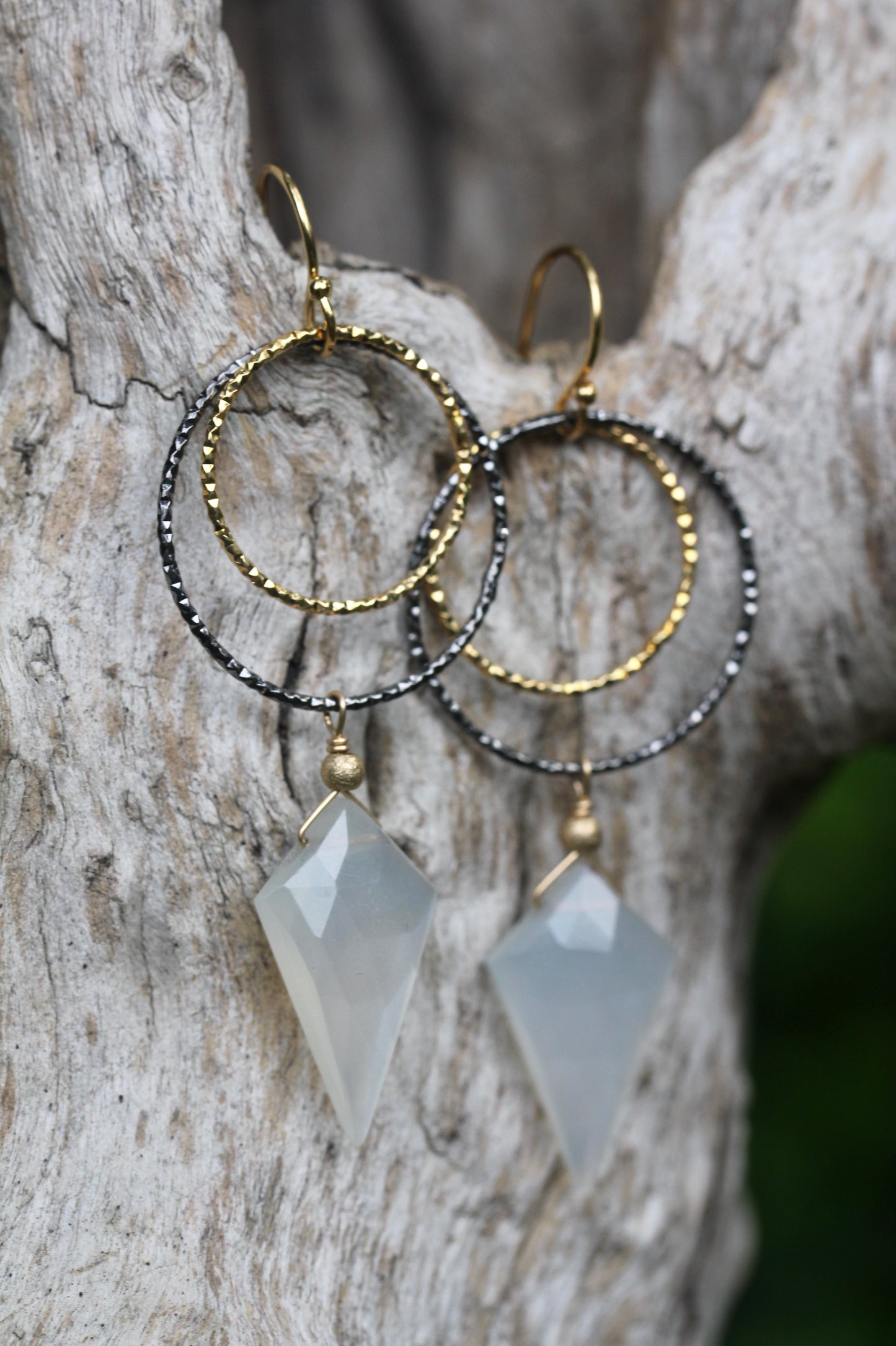 Moonstone Black and Gold Double Ring Drop Earrings