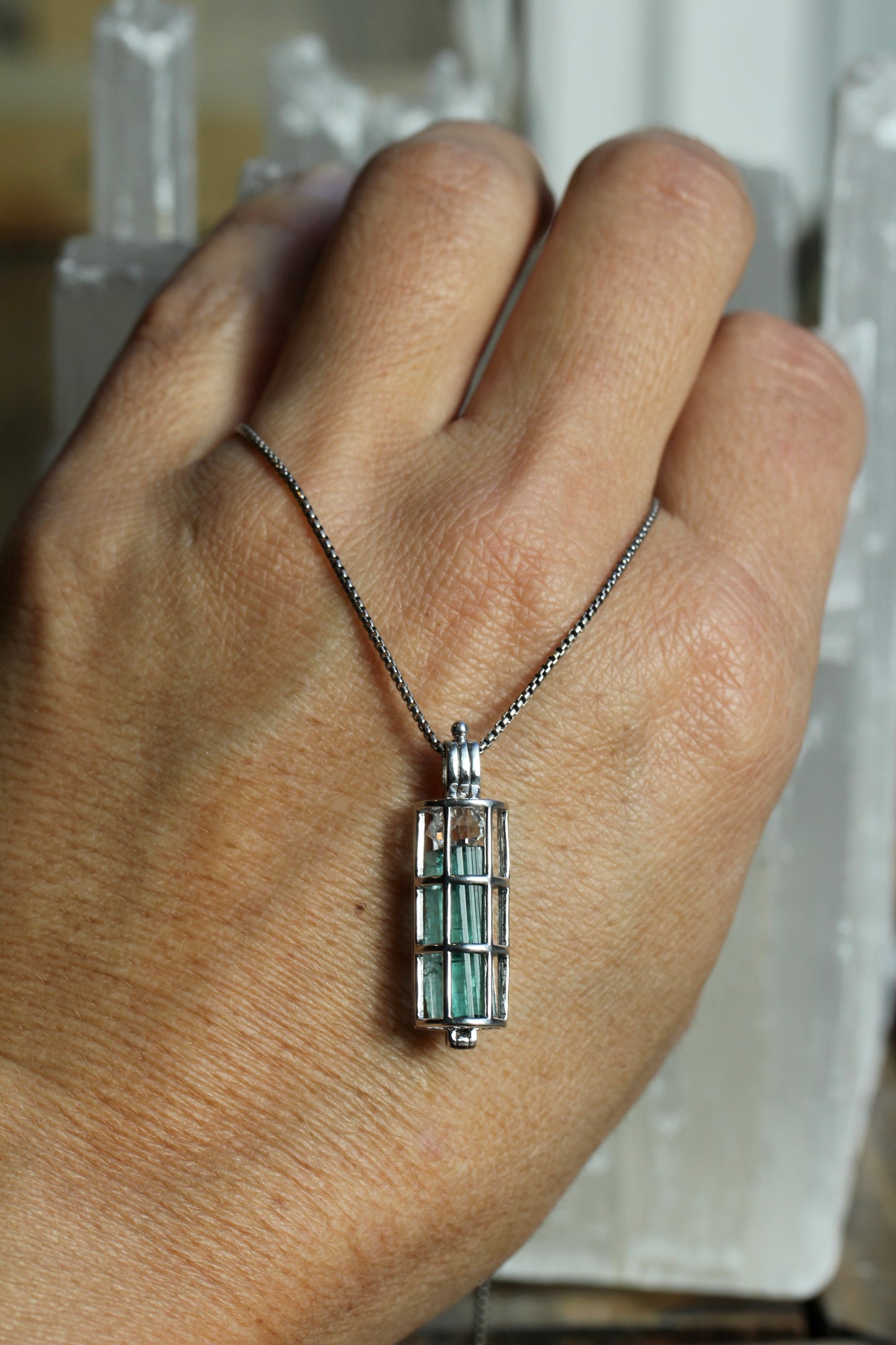 Indicolite Tourmaline Herkimer Diamond Cage Necklace