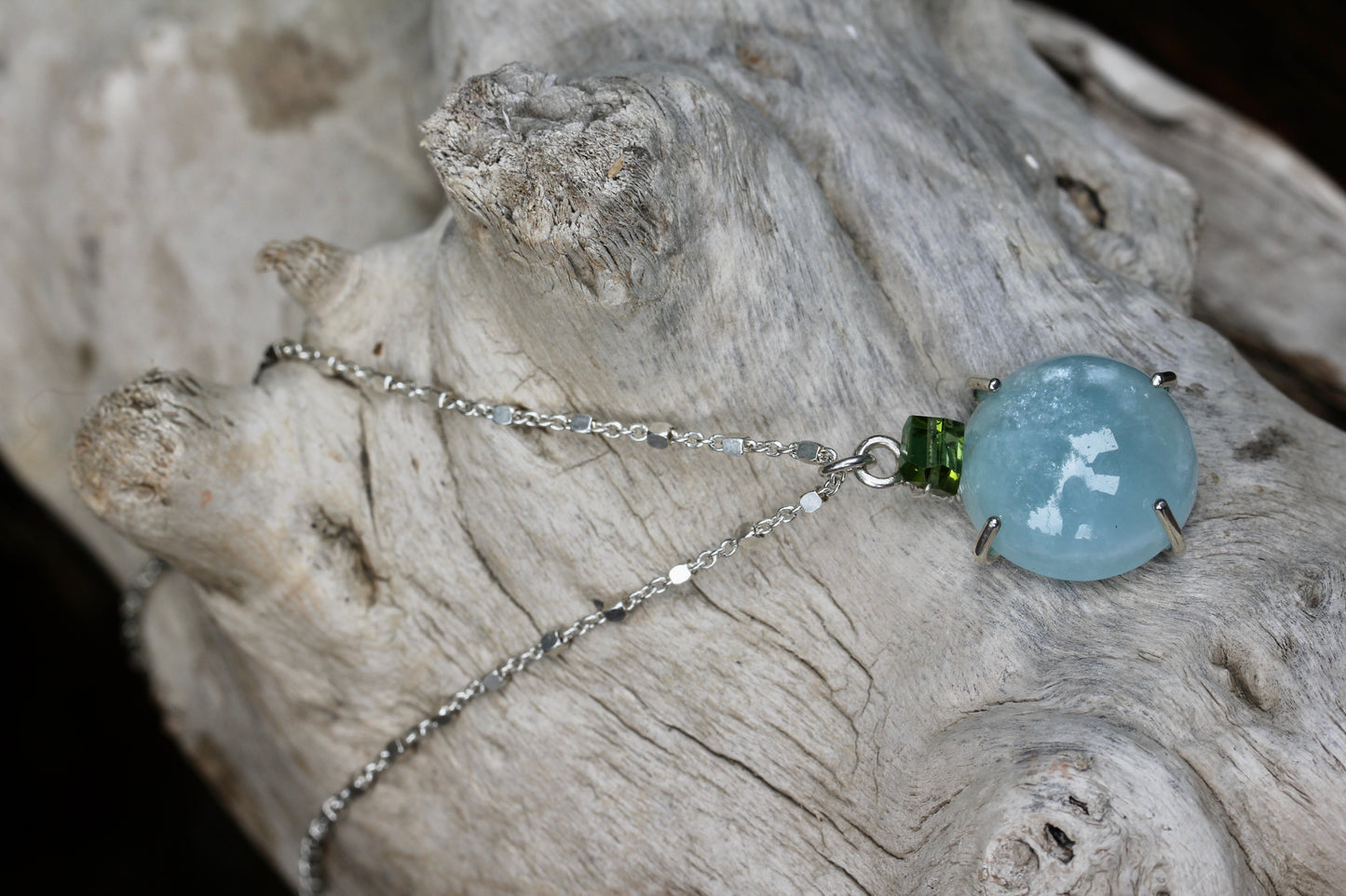 Aquamarine Green Tourmaline Cabochon Silver Necklace