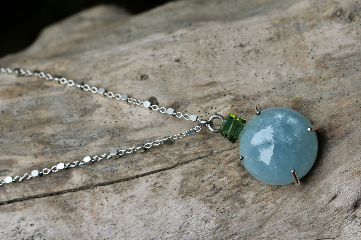 Aquamarine Green Tourmaline Cabochon Silver Necklace