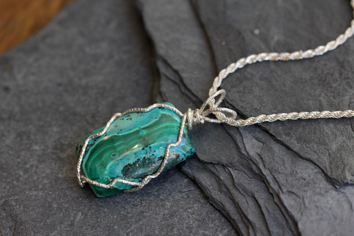 Chrysocolla Malachite Silver Wrap Pendant
