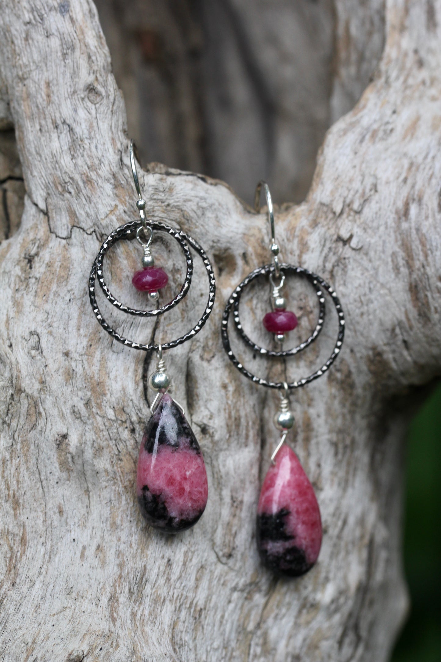 Rhodonite Ruby Oxidized Silver Double Ring Drop Earrings