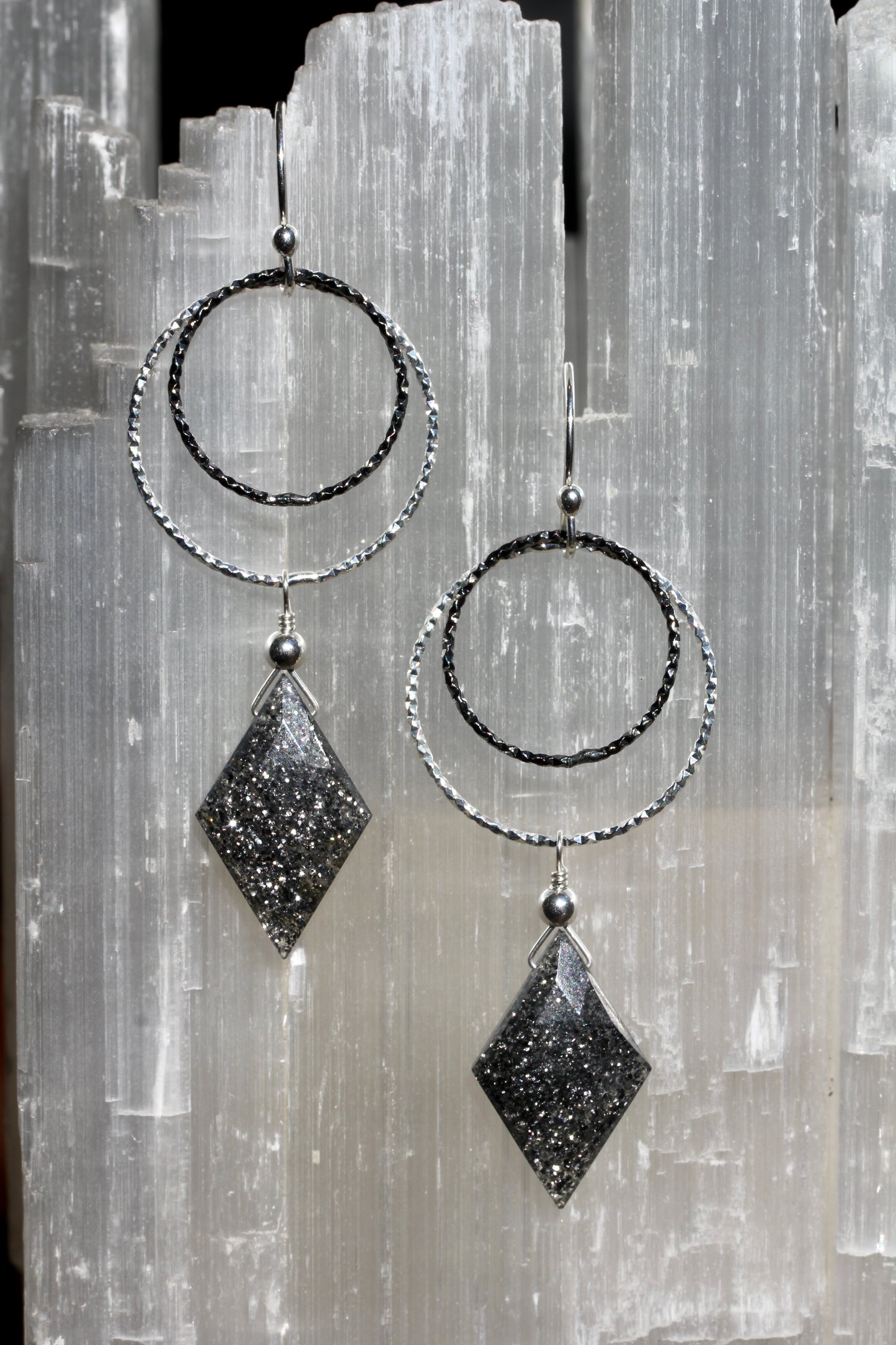 Black Sunstone Diamond Cut Double Ring Drop Earrings