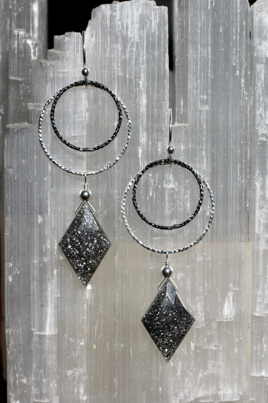 Black Sunstone Diamond Cut Double Ring Drop Earrings