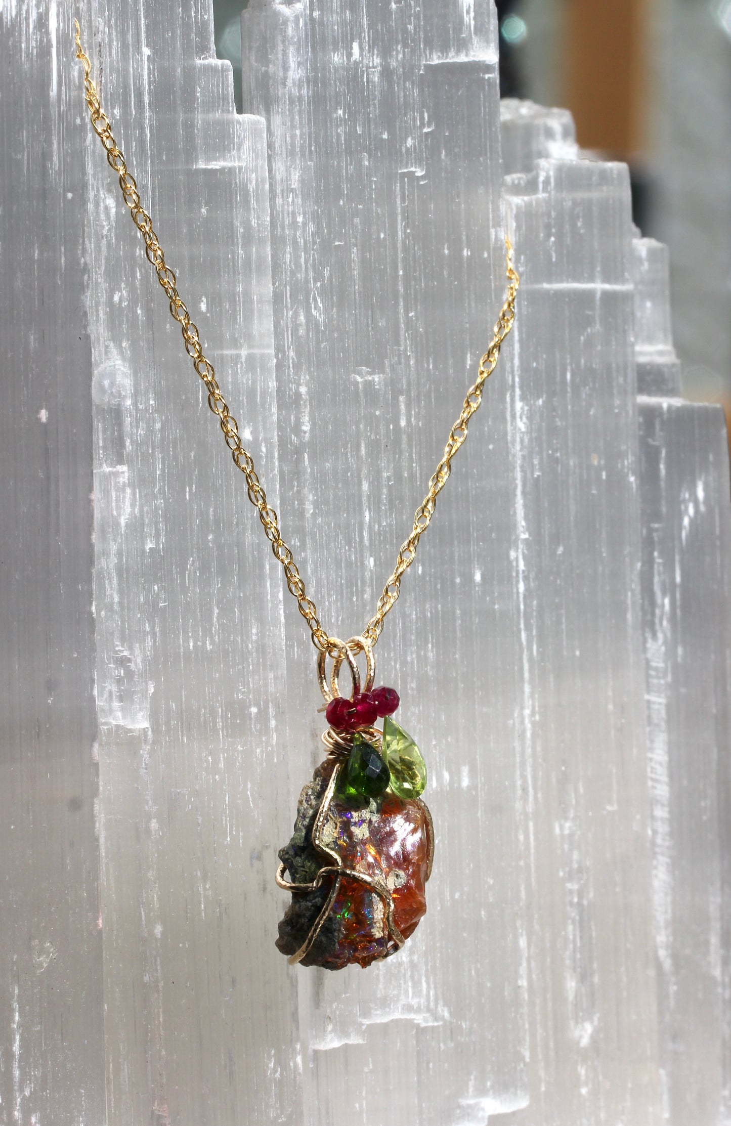 Rough Opal with Diopside, Peridot and Ruby Pendant