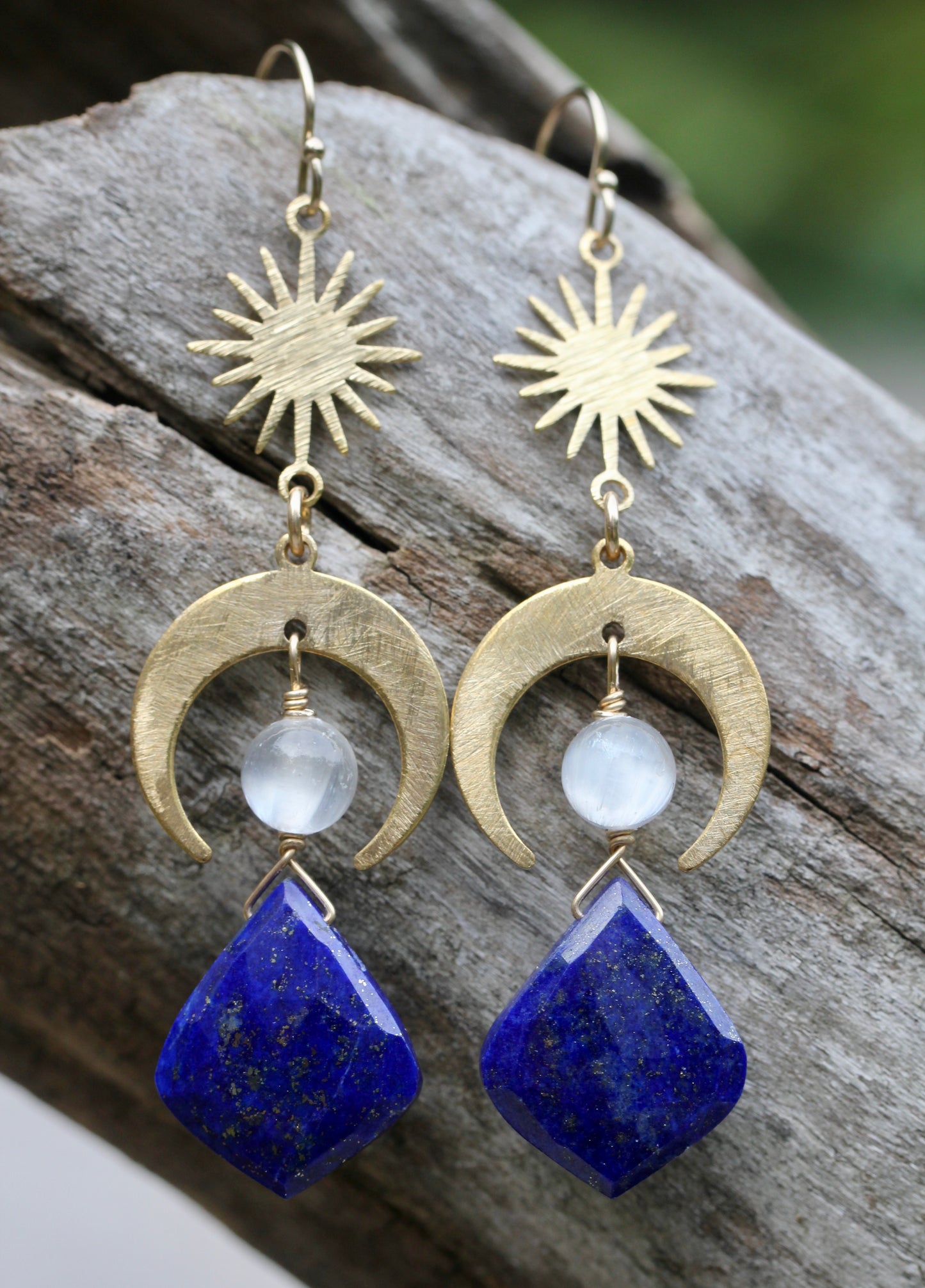 Lapis Selenite Brass Moon Earrings