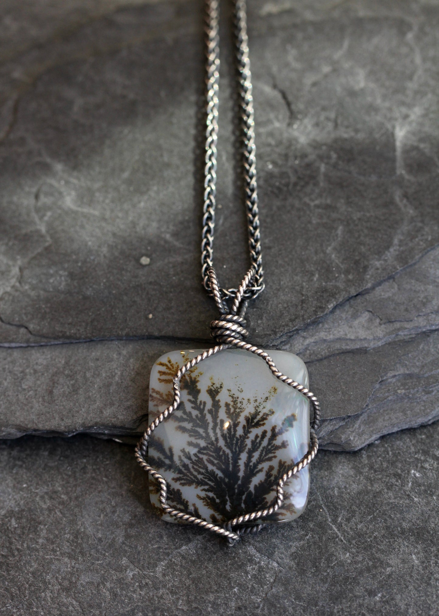 Dendritic Agate Silver Wrap Necklace