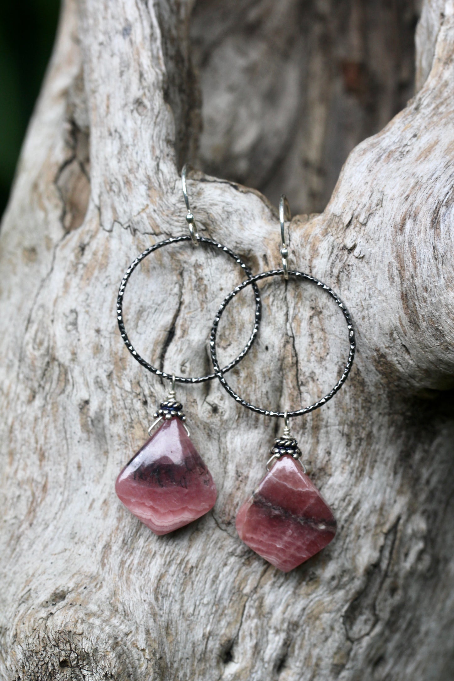 Rhodochrosite Oxidized Silver Hoop Drop Earrings