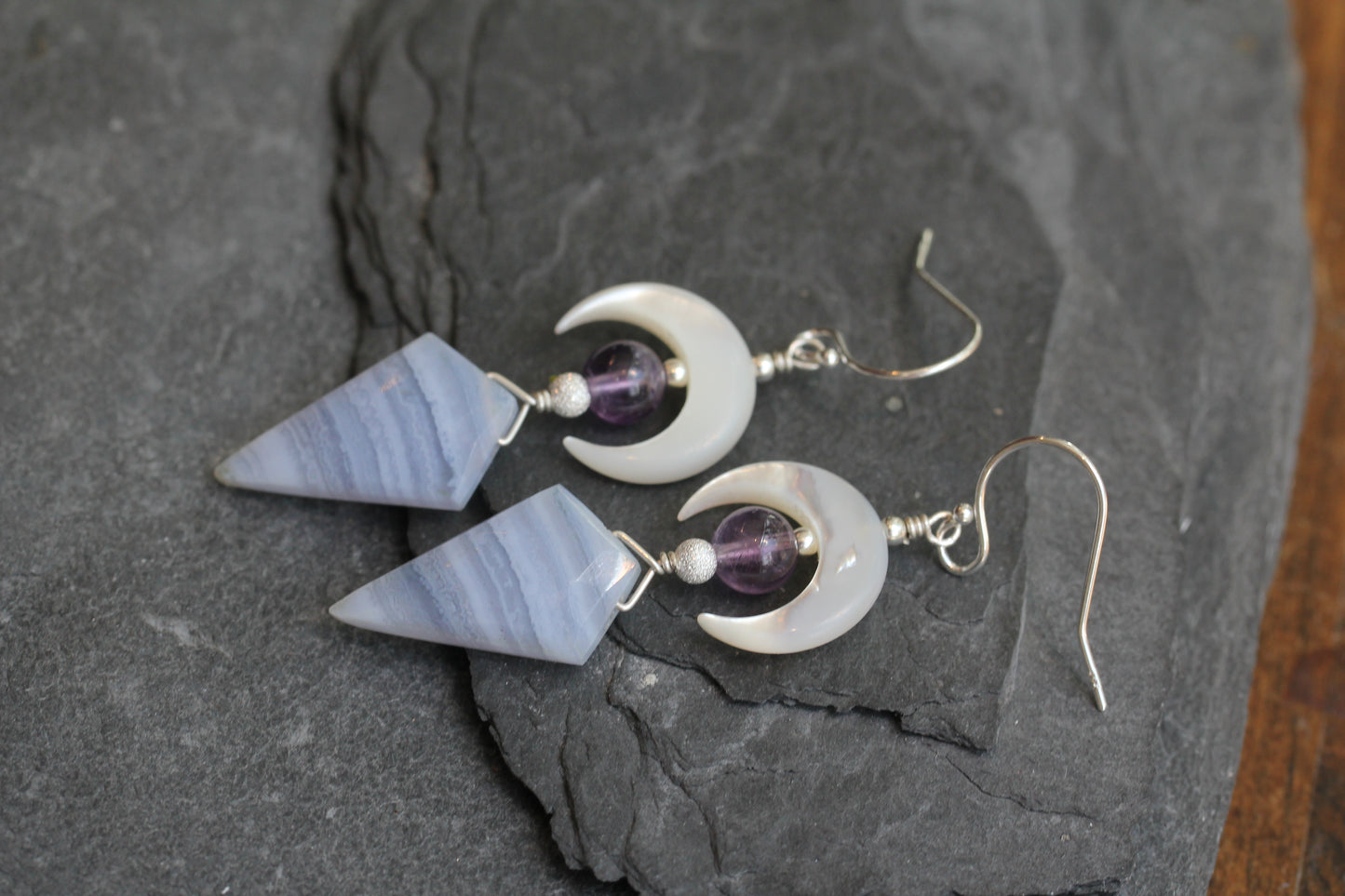 Blue Lace Agate Mother of Pearl Amethyst Crescent Moon Earrings
