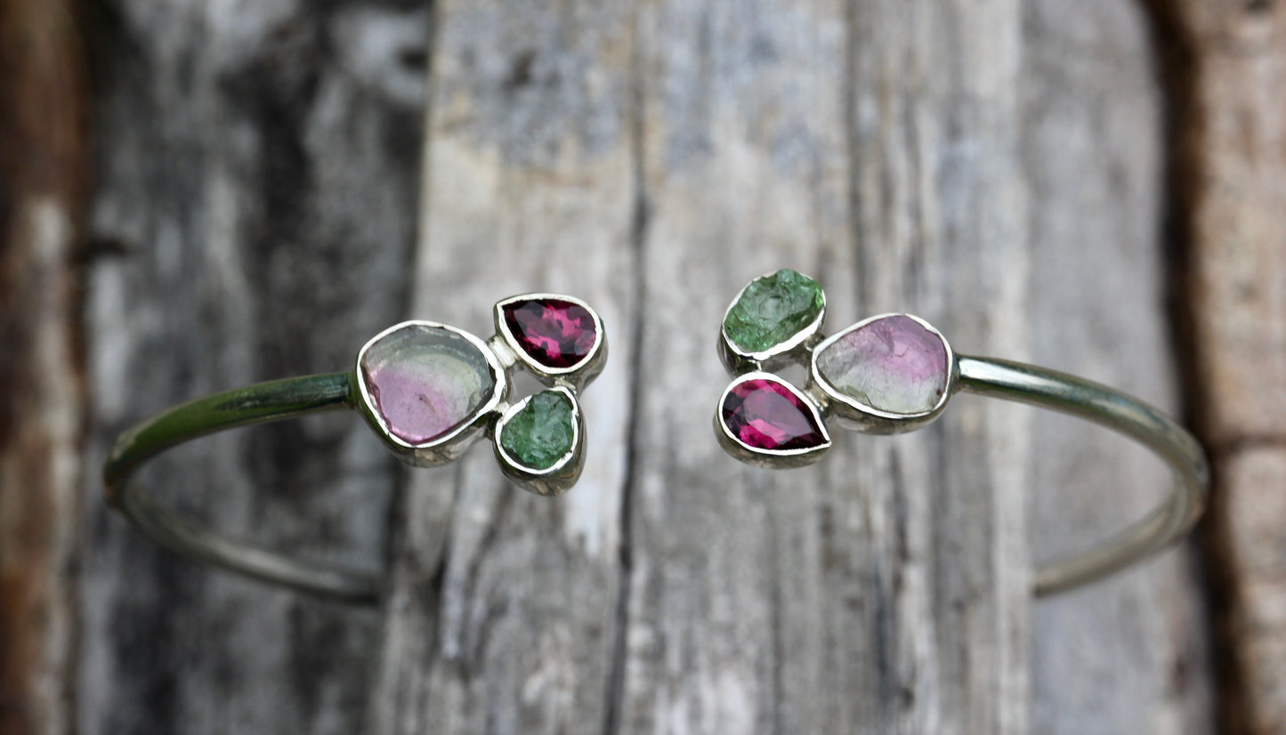 Watermelon Tourmaline Cluster Silver Bracelet