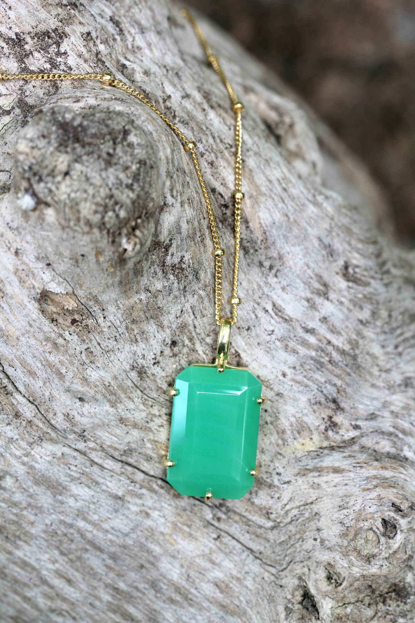 Chrysoprase Emerald Cut Gold Necklace