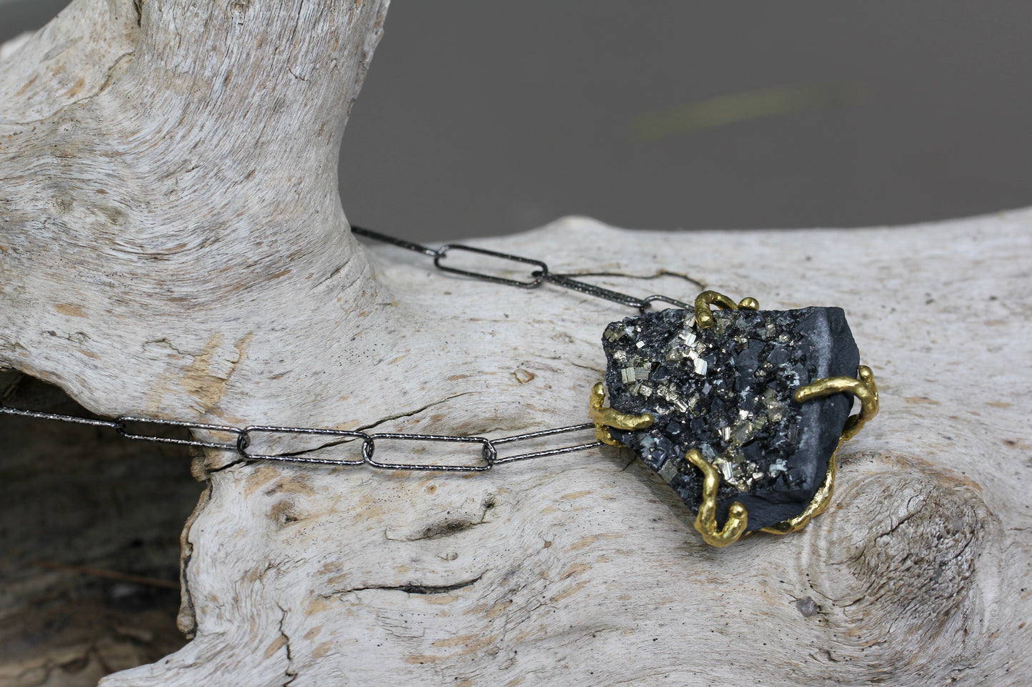Pyrite in Basalt Black Paperclip Chain Necklace