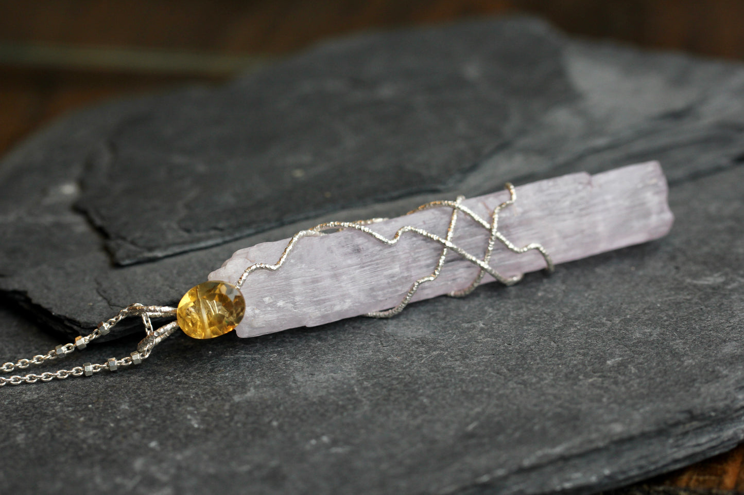 Long Kunzite Crystal Citrine Pendant
